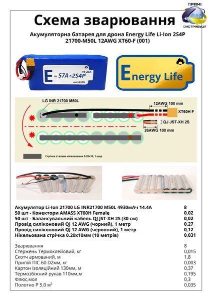 Акумуляторна батарея 2S4P Energy Life 19400мАч LG 21700-M50 Li-Ion 12AWG XT60-F ENL-2S4P-21700-M50-001 фото